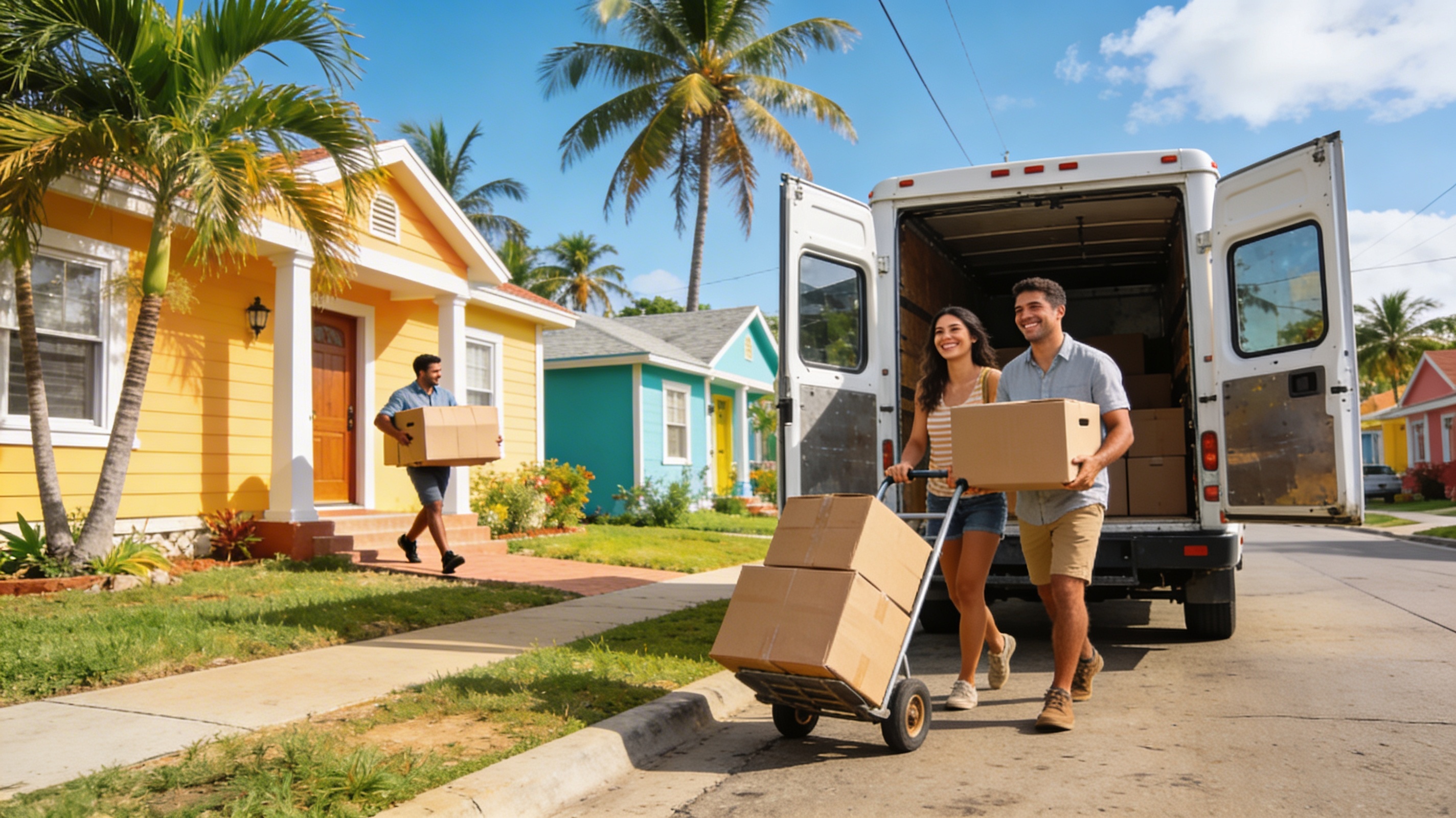 Couple moving into a new home in Puerto Rico with a moving truck and boxes